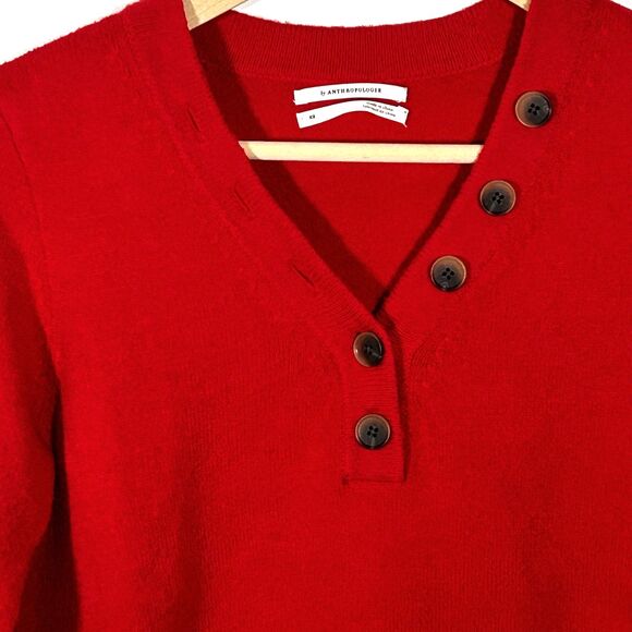 Anthropologie Serena V-Neck Sweater Size XS Rhubarb Red Button Pullover Knit - Picture 3 of 9